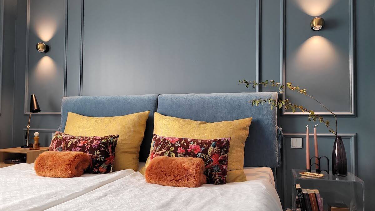 Blue Master Bedroom with wall moldings 